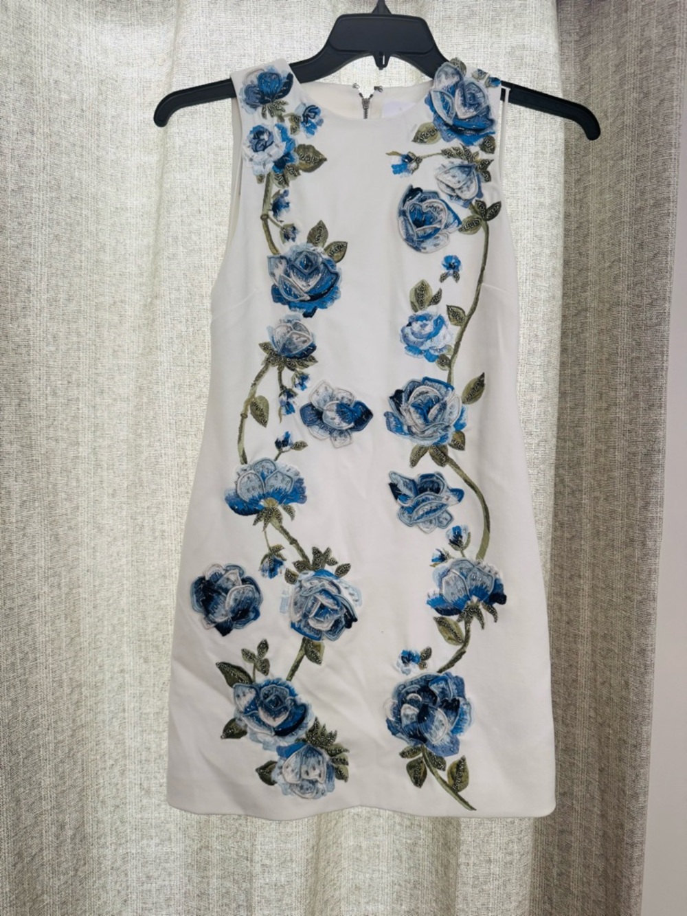 Alice + Olivia White Mini Dress with Blue Rose Embroidery